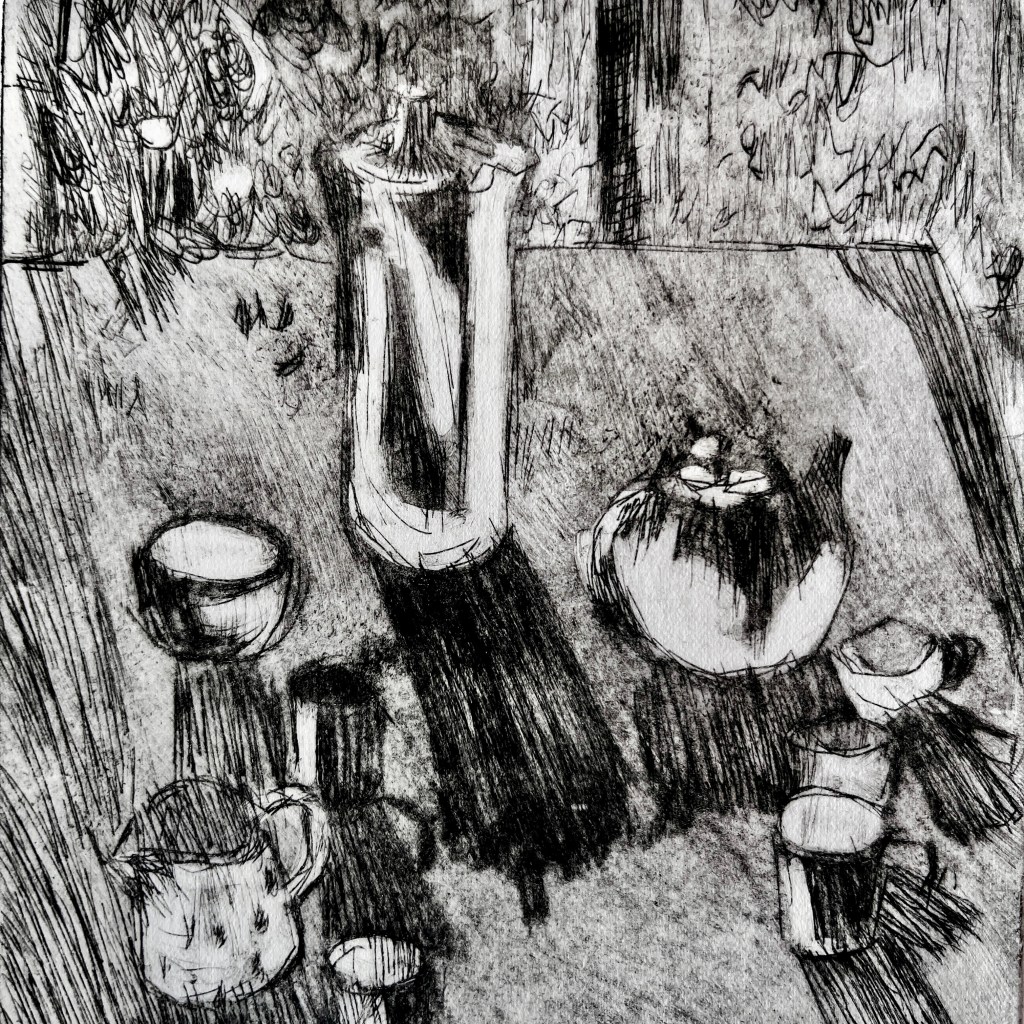 intaglio print of still life in window