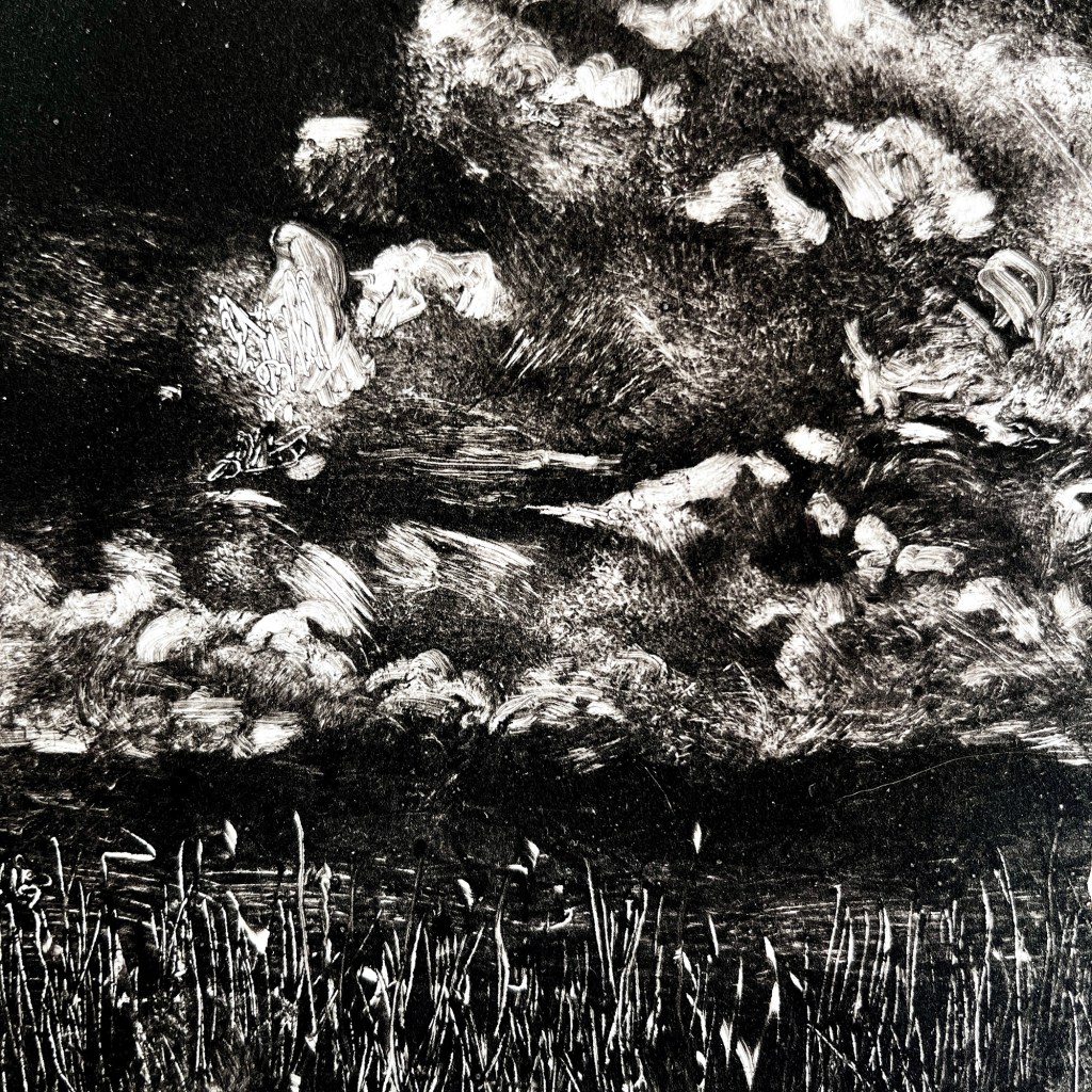 Monoprint of cloudscape and grass field 