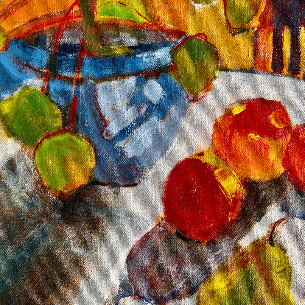 Detail of still life painting with plant and fruit 