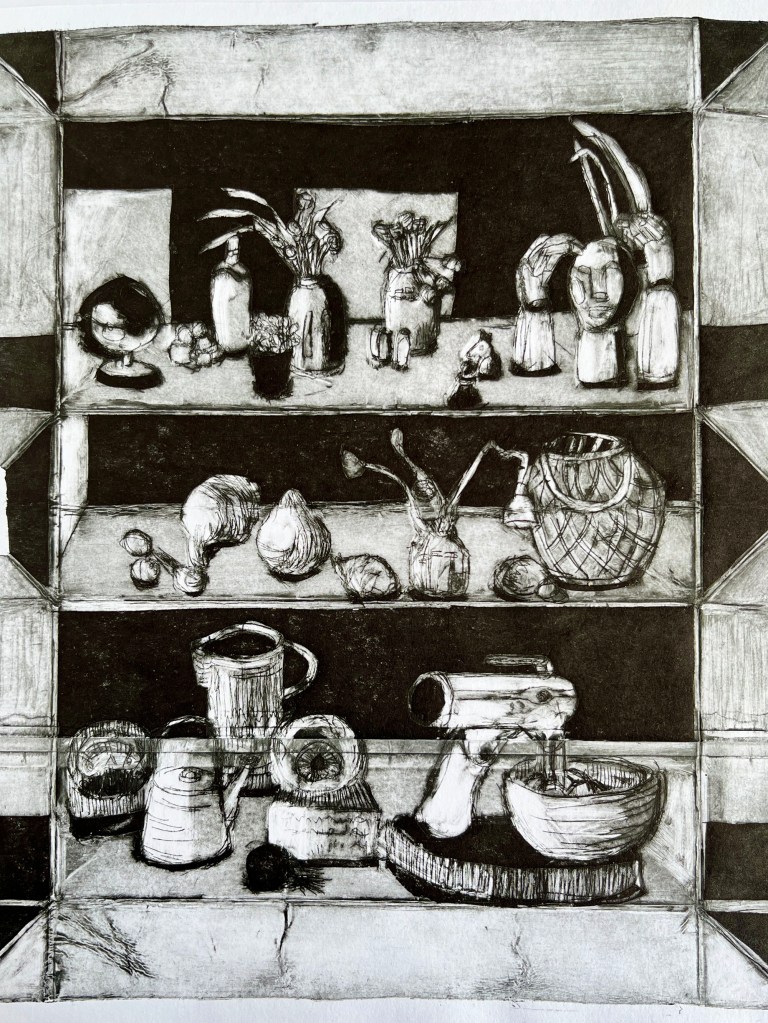 Tetrapak Intaglio print of art studio shelves with objects for still life drawing including a vintage mix master