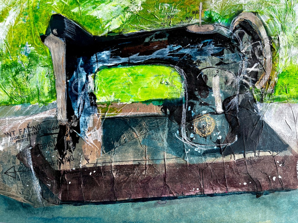 Drawing of old vintage Singer sewing machine using colour inks and collage 