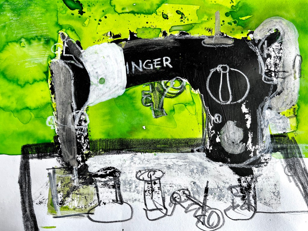 Drawing of Old Singer Sewing Machine with cotton reels and thread