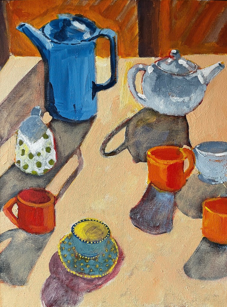 Painting of teapots, jug and cups on table with shadows