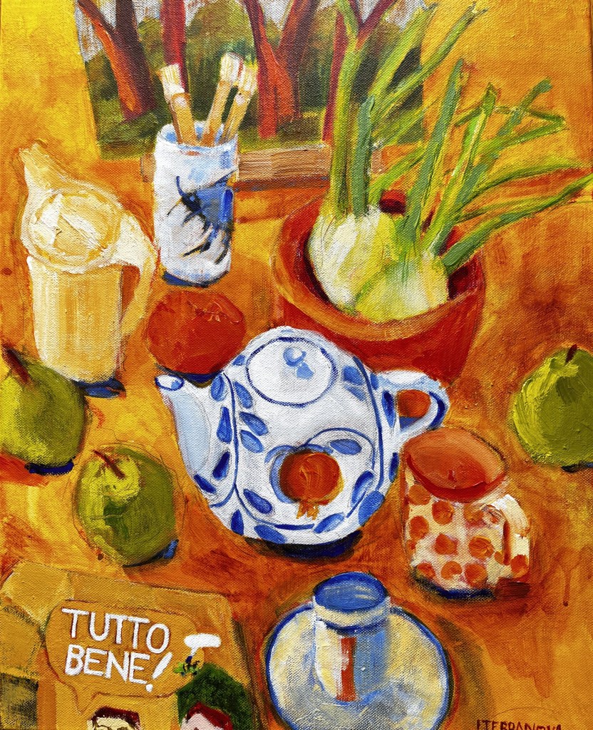 Still life painting with teapots,fruit, cops etc