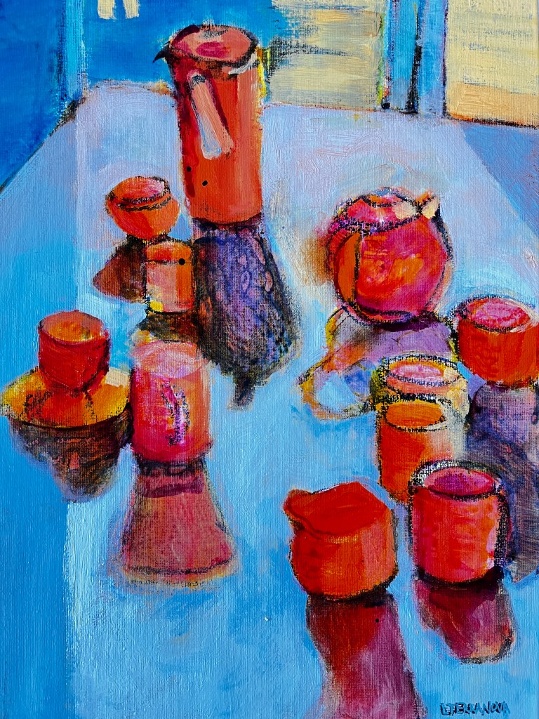 still life painting teapots, jug and cups on table