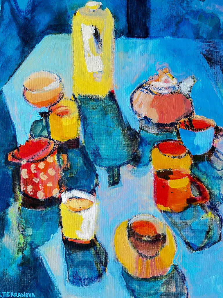 Still life painting teapots, jug and cups on table 