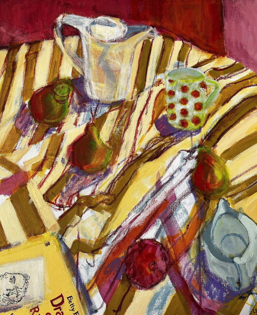 Still life with striped cloth, teapot, jug, fruit, cup and book