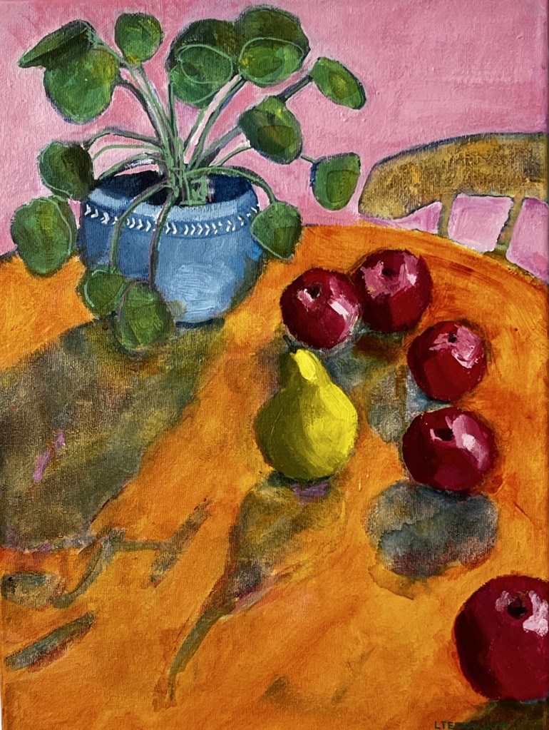 Still life painting pot plant, apples and pear on table with chair 
